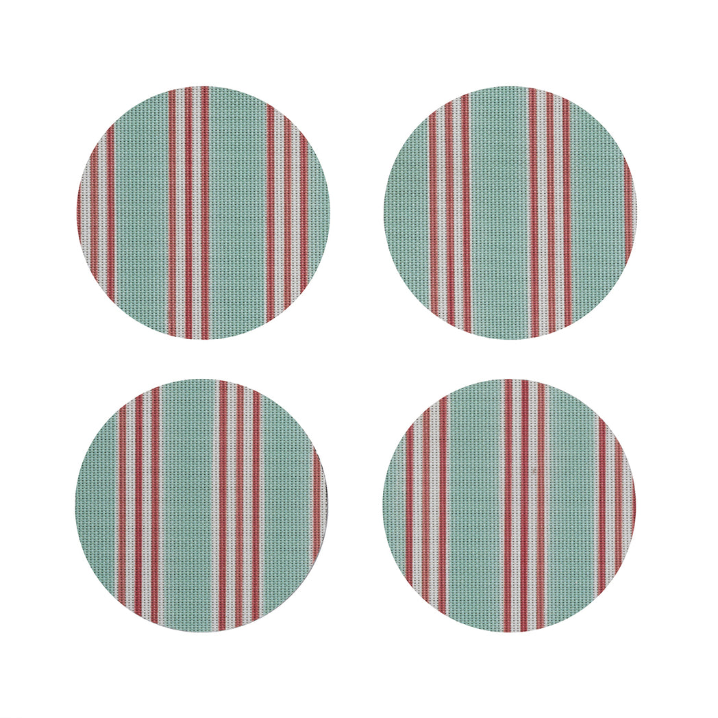 Chilewich striped woven mat with textured terrastrand yarn surface, featuring modern linear design and durable finish.