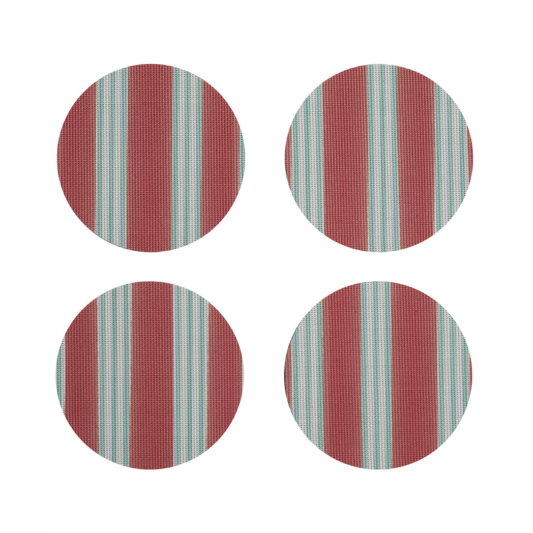 Chilewich striped woven mat with textured terrastrand yarn surface, featuring modern linear design and durable finish.