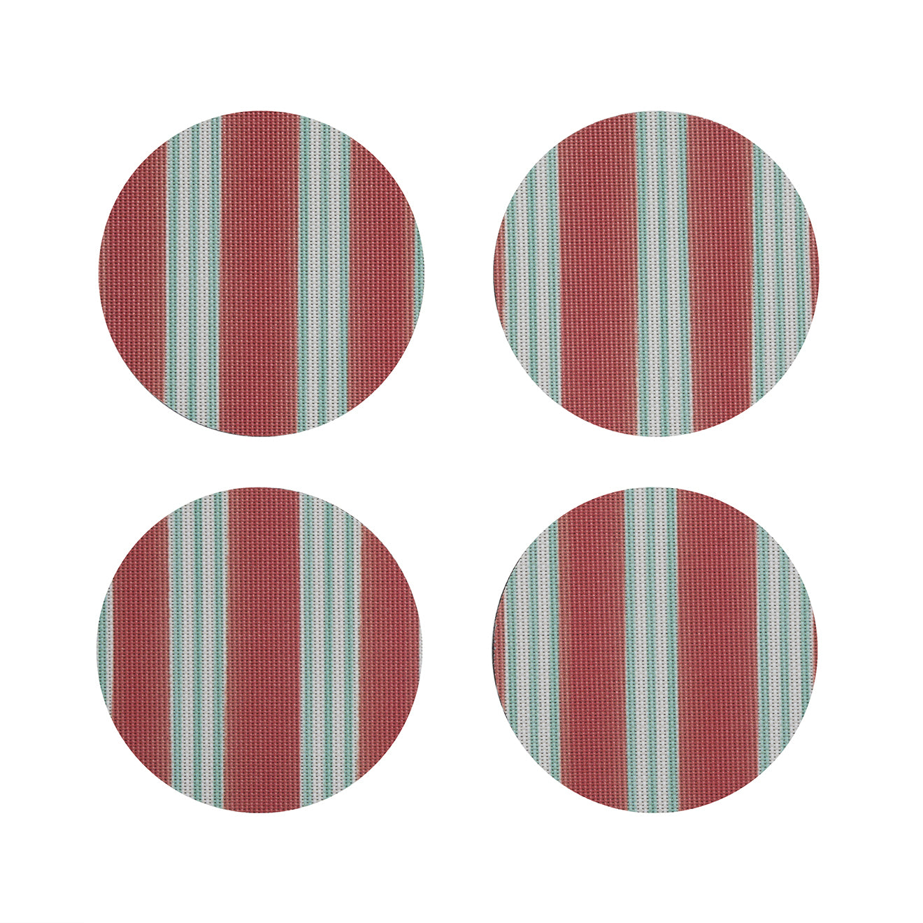 Chilewich striped woven mat with textured terrastrand yarn surface, featuring modern linear design and durable finish.