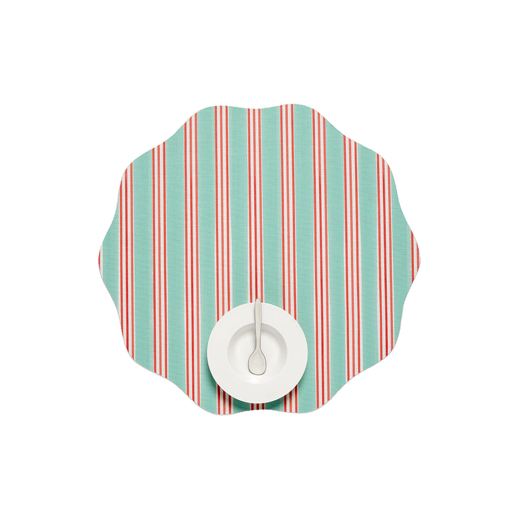 Chilewich striped woven mat with textured terrastrand yarn surface, featuring modern linear design and durable finish.