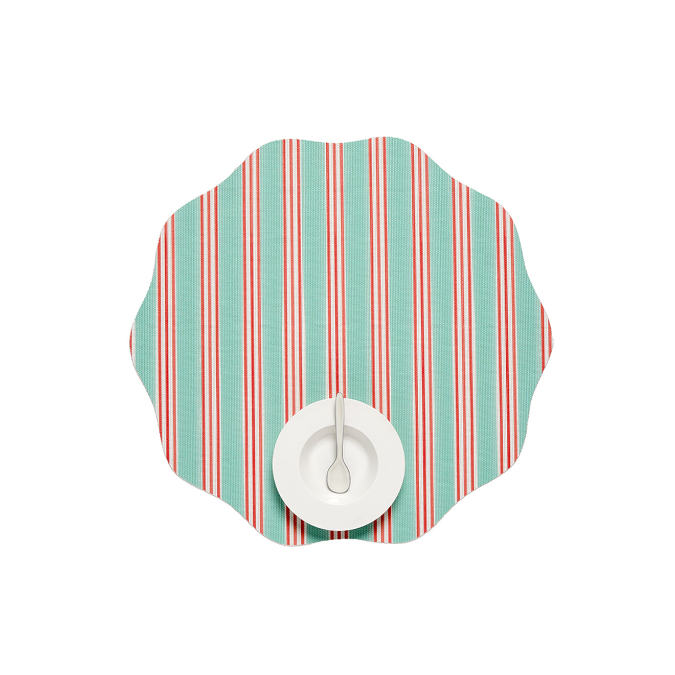 Chilewich striped woven mat with textured terrastrand yarn surface, featuring modern linear design and durable finish.