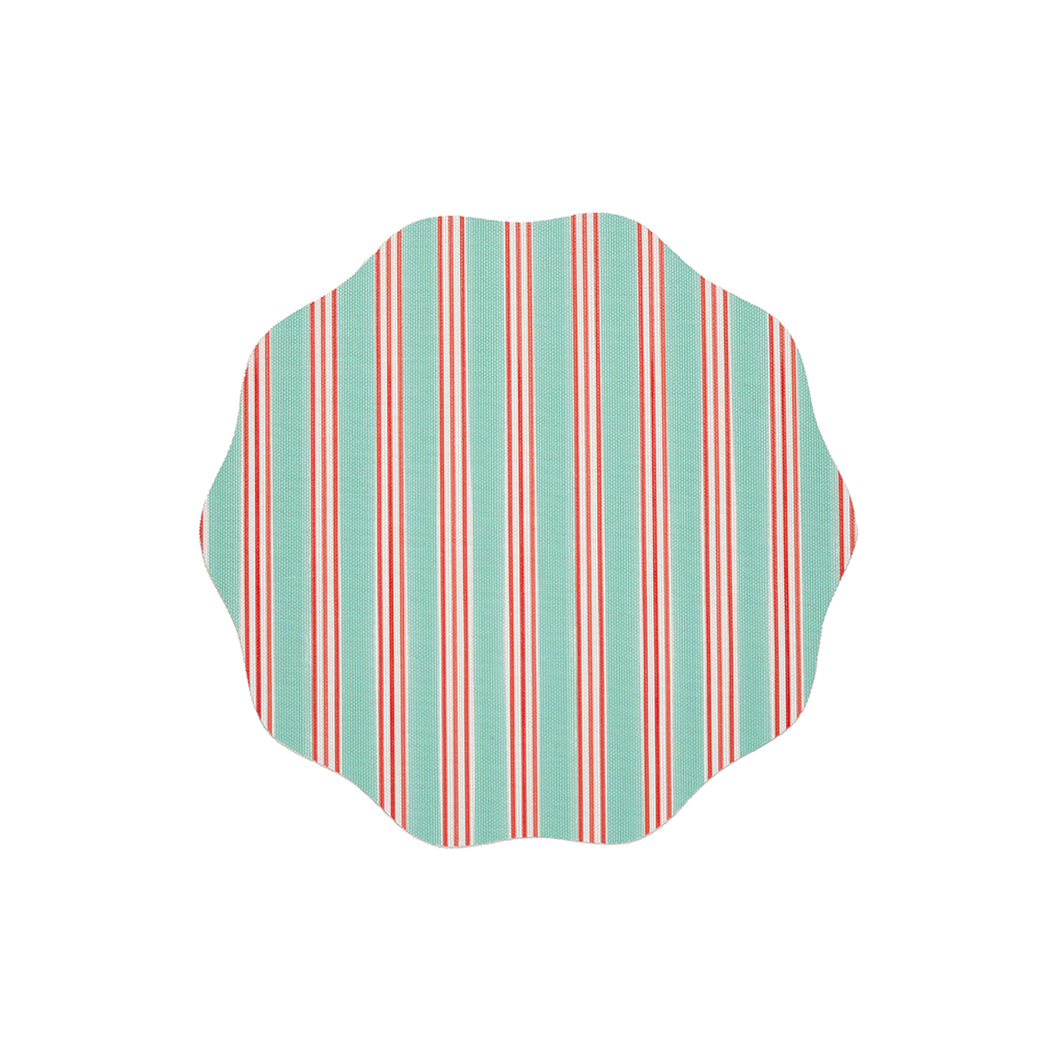 Chilewich striped woven mat with textured terrastrand yarn surface, featuring modern linear design and durable finish.