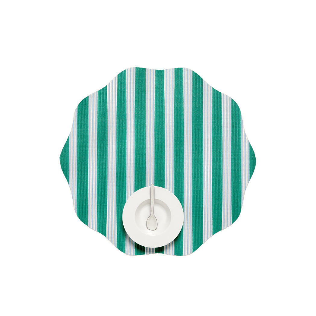 Chilewich striped woven mat with textured terrastrand yarn surface, featuring modern linear design and durable finish.