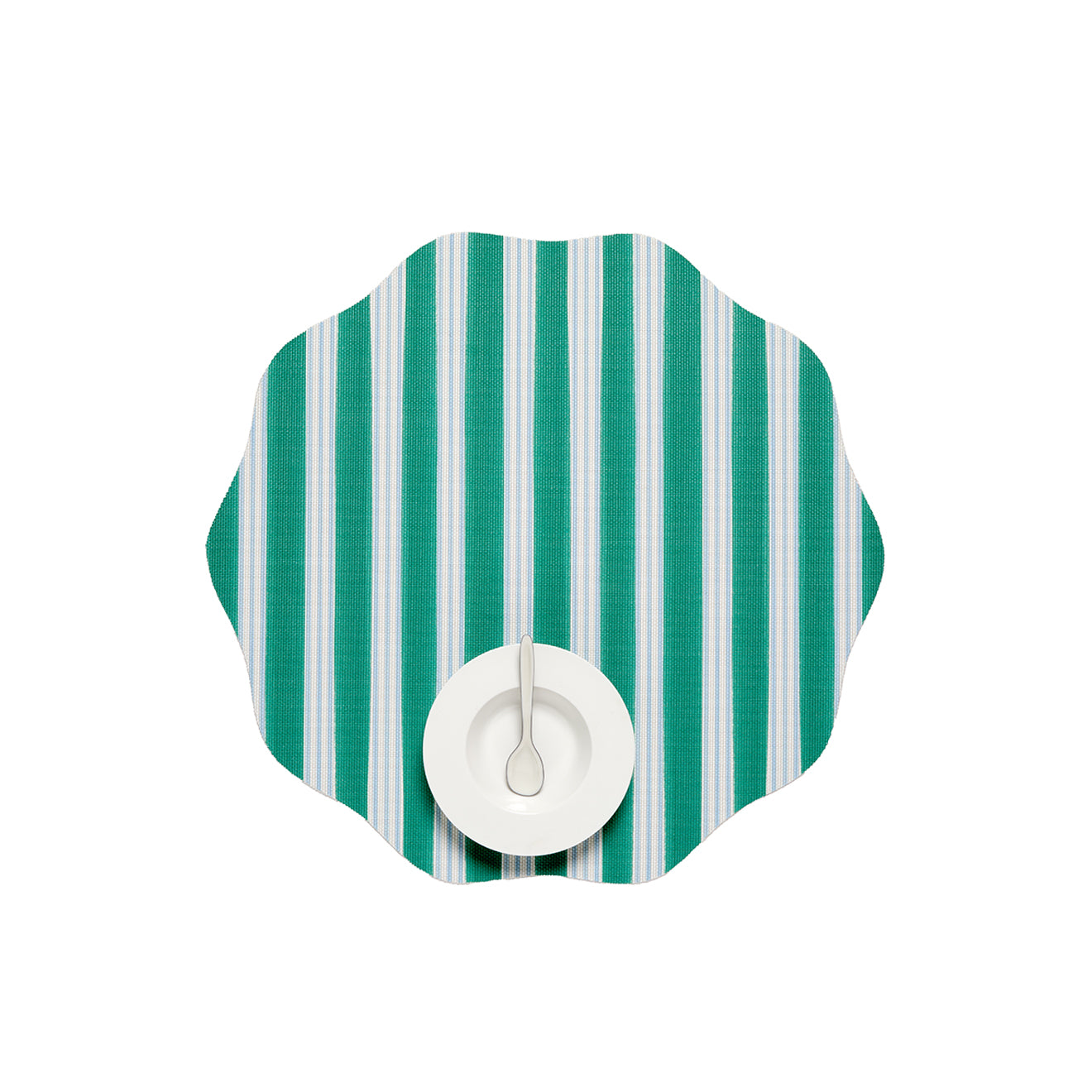 Chilewich striped woven mat with textured terrastrand yarn surface, featuring modern linear design and durable finish.