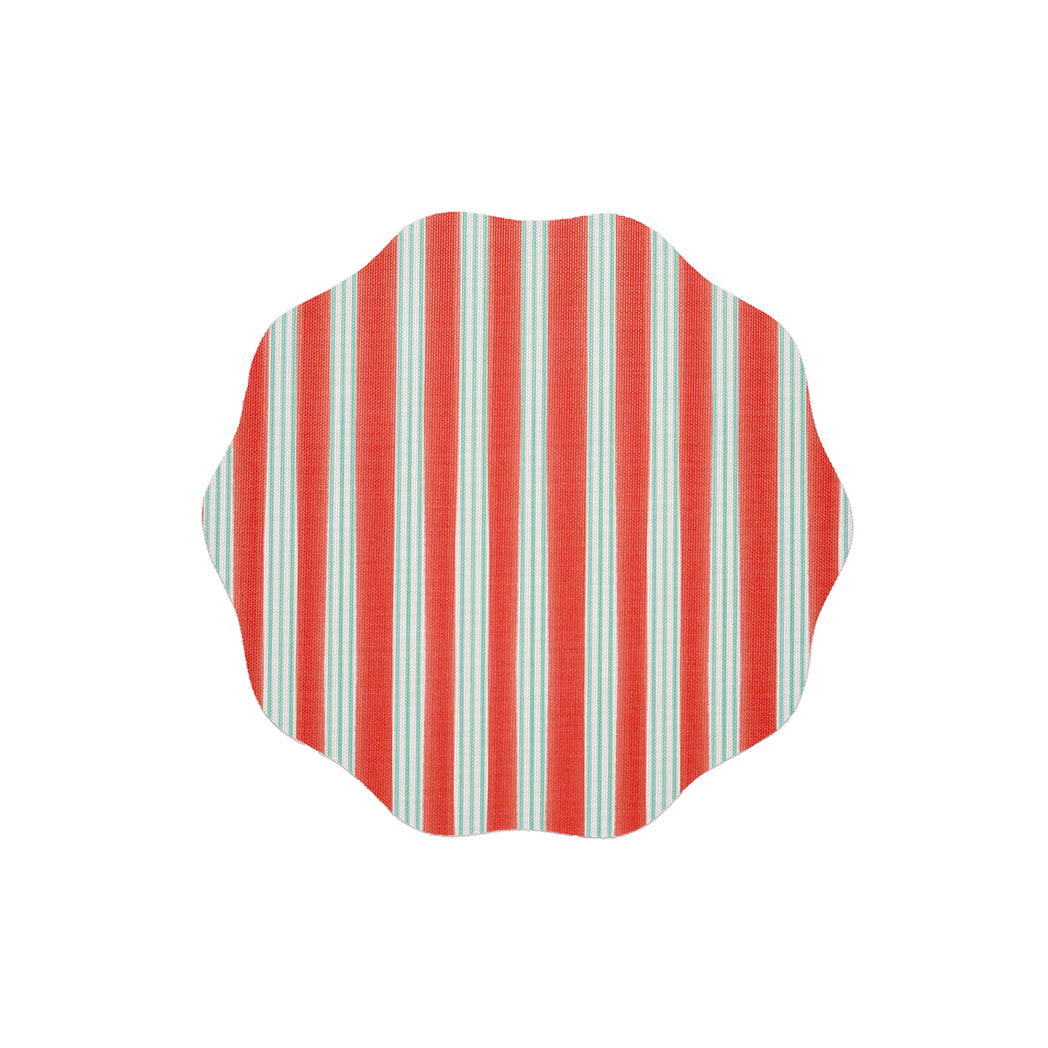 Chilewich striped woven mat with textured terrastrand yarn surface, featuring modern linear design and durable finish.