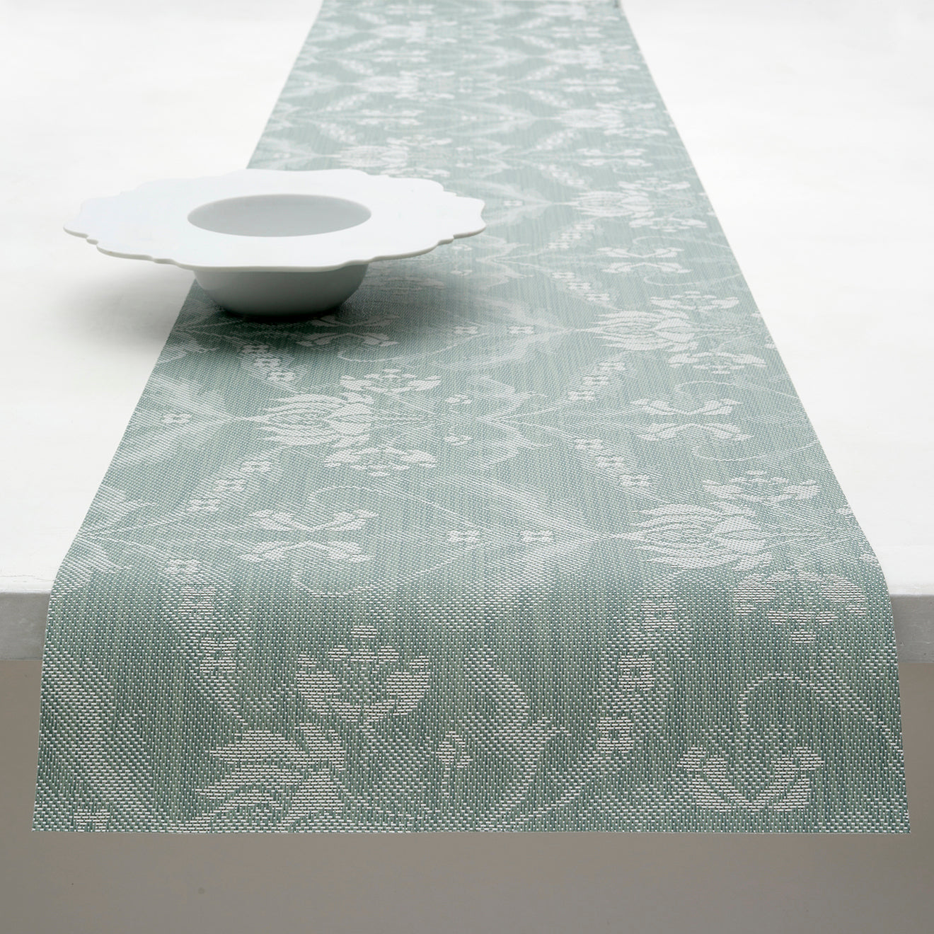 14'' x 72'' Table Runners in Muted Light Blue Green Base with White Accents