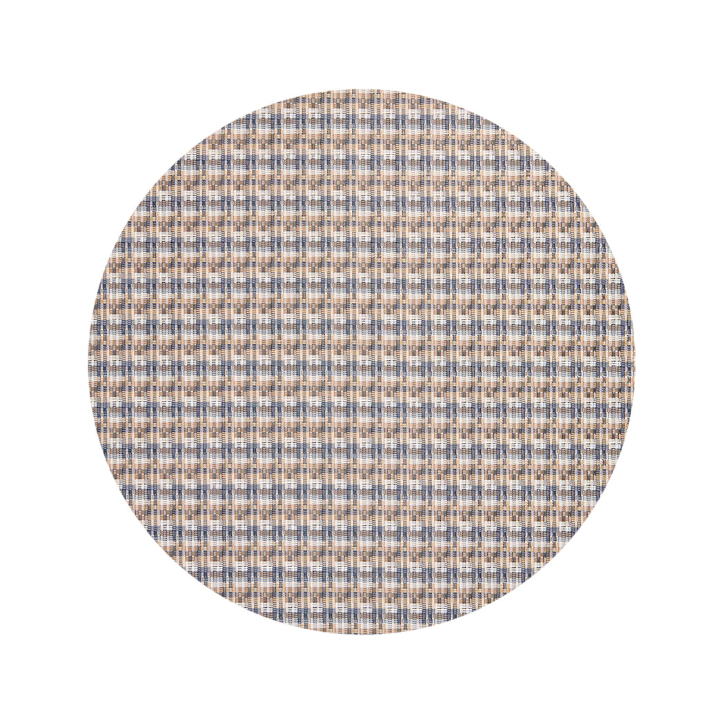 Round Woven Floor Mat in Mix of Midtone Tan, White and Navy Blue