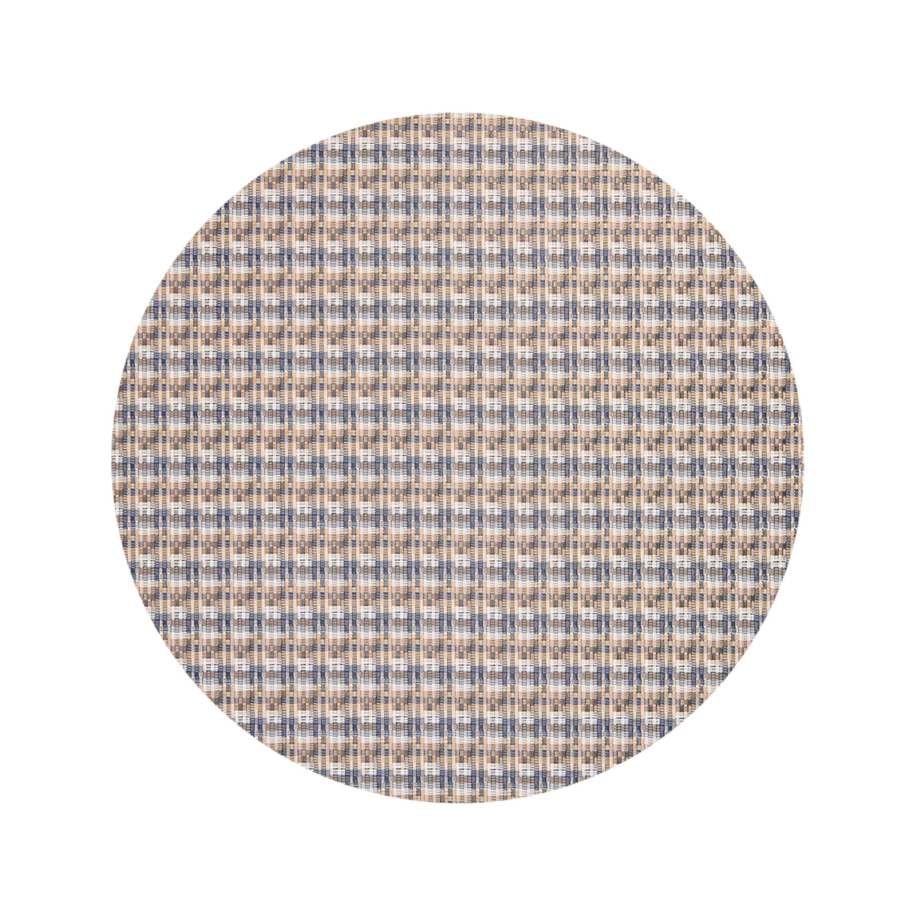 Round Woven Floor Mat in Mix of Midtone Tan, White and Navy Blue