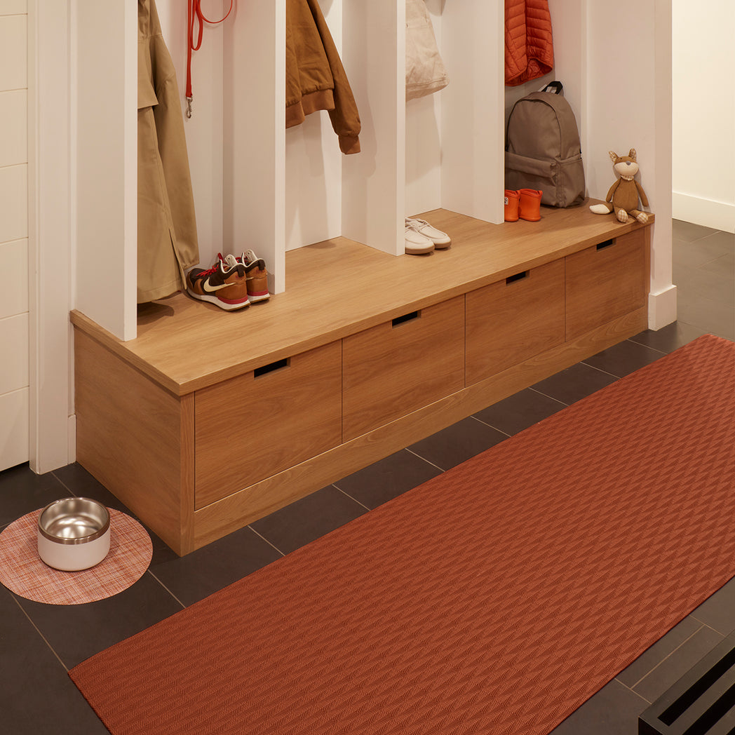 Chilewich woven floor mat in neutral woven terrastrand yarn, durable and stylish for modern living spaces.