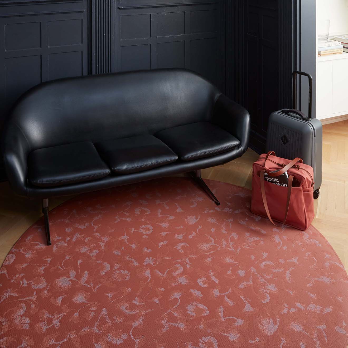 Chilewich woven floor mat in neutral woven terrastrand yarn, durable and stylish for modern living spaces.