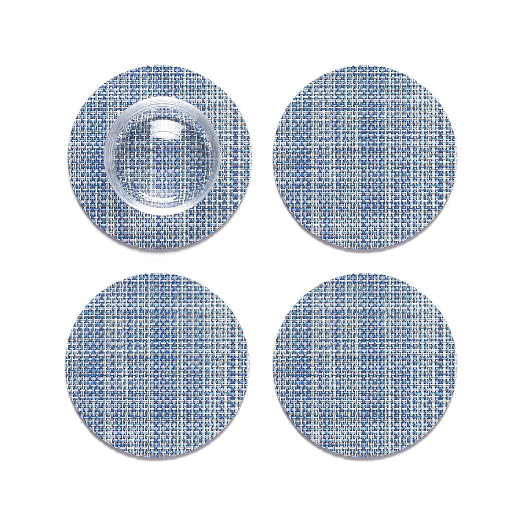 Set of 4 Coasters in Mix of Midtone Blues, Cool Grey and White