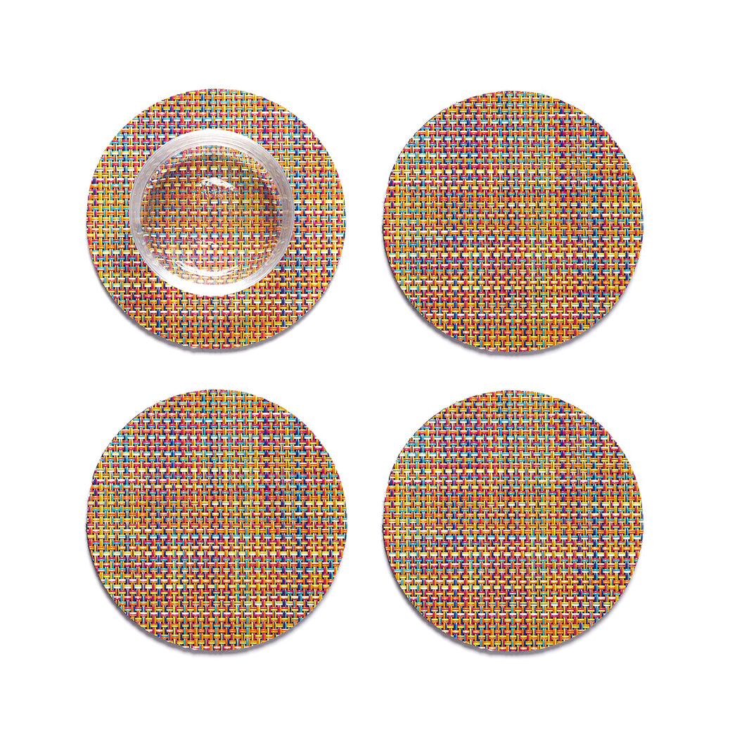 Set of 4 Coasters in Vivid Multicolor with Yellow, Magenta, Dark Blue, Orange and White