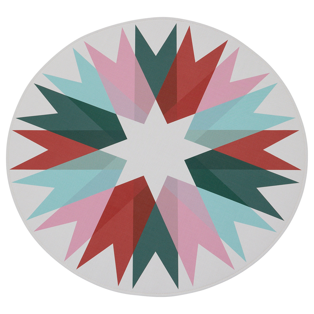 Round Woven Floor Mat in Mix of Dark Green, Vivid Light Blue Gree, Pink and Red on a Light Neutral Beige Base