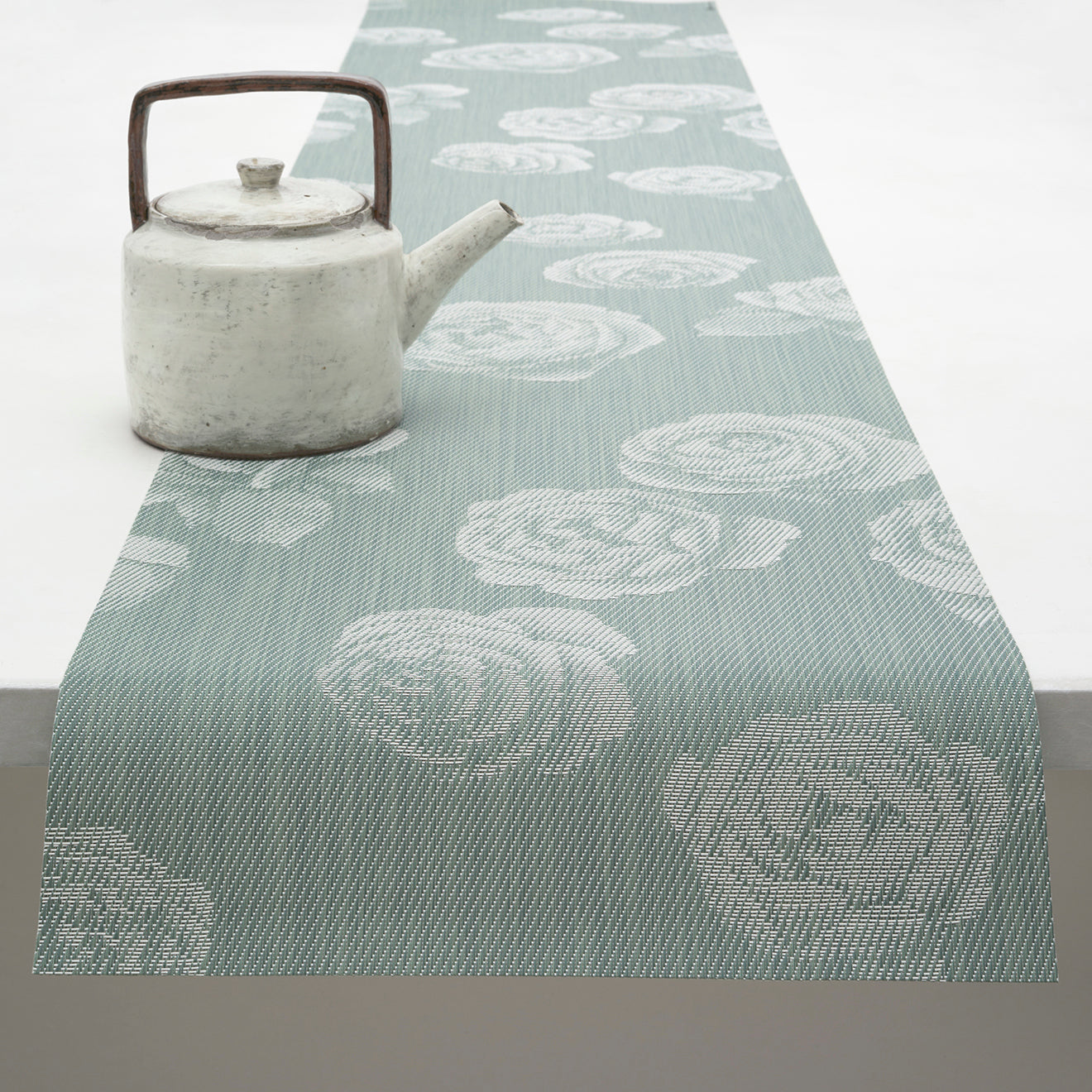14'' x 72'' Table Runners in Muted Light Blue Green Base with Light Neutral Beige