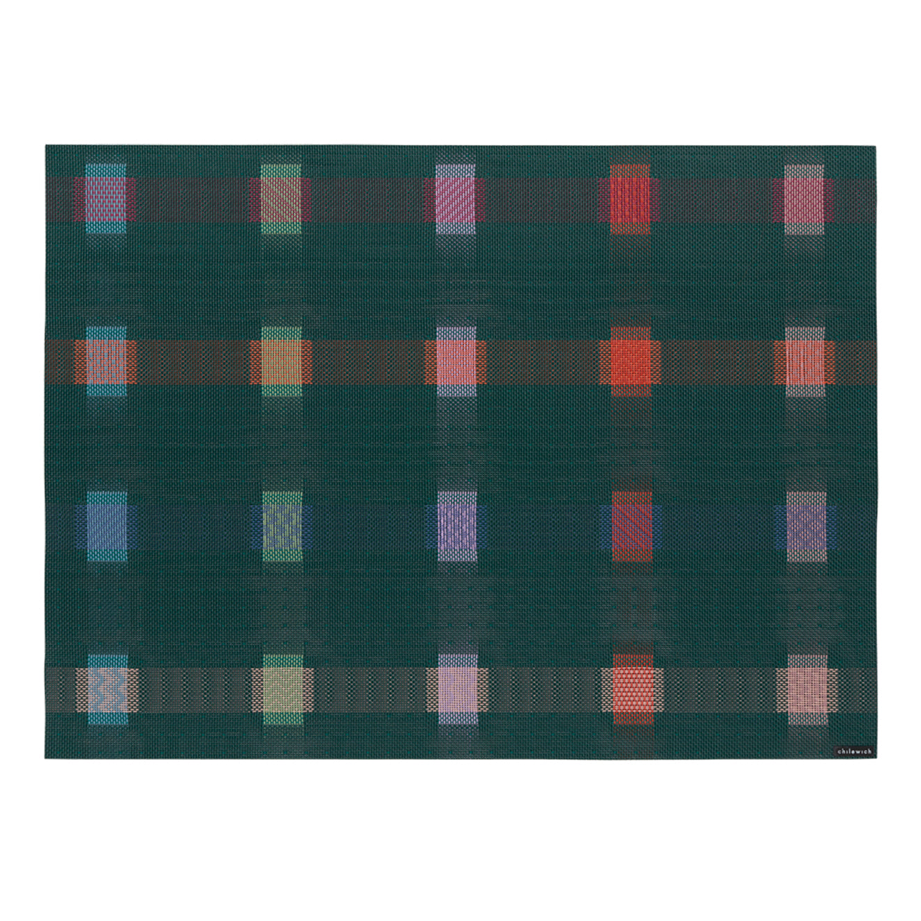 Fir Placemats in Dark Green Base with Turquoise, Dark Pink, Light Green Lavender and Vivid Red Orange