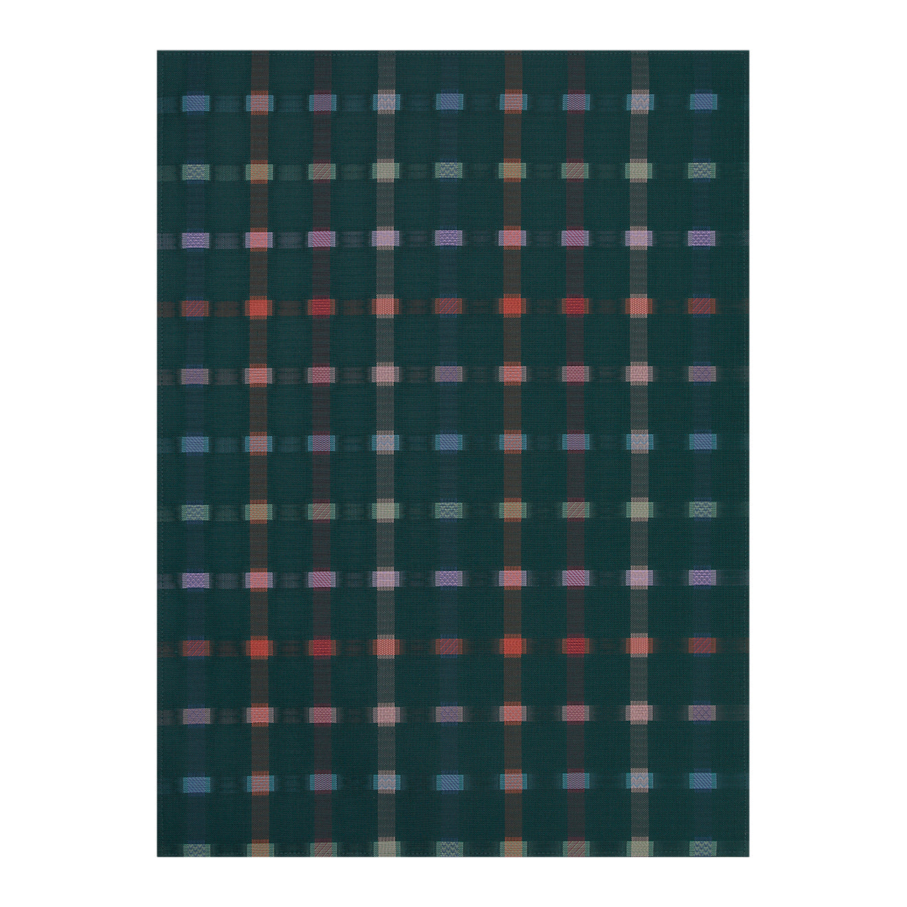 Fir Woven Floor Mat in Dark Green Base with Turquoise, Dark Pink, Light Green Lavender and Vivid Red Orange