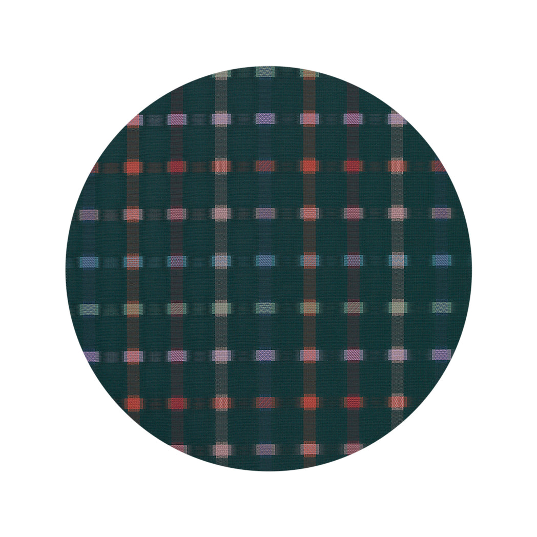 Round Woven Floor Mat in Dark Green Base with Turquoise, Dark Pink, Light Green Lavender and Vivid Red Orange