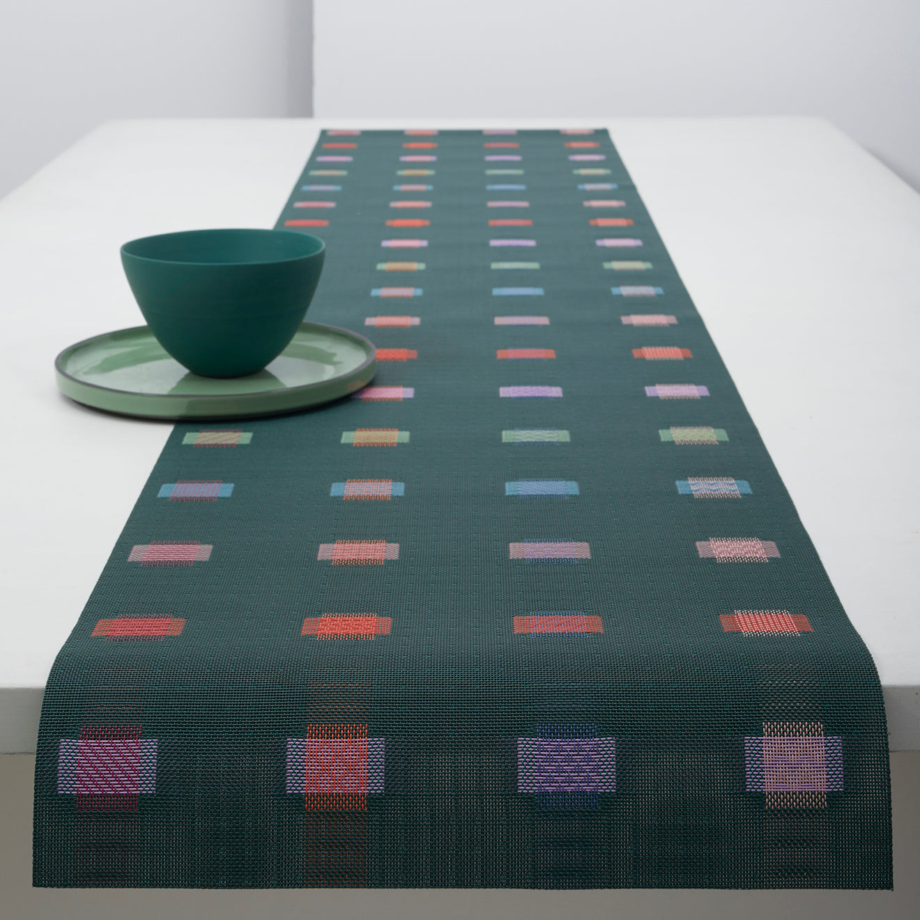 14'' x 72'' Table Runners in Dark Green Base with Turquoise, Dark Pink, Light Green Lavender and Vivid Red Orange