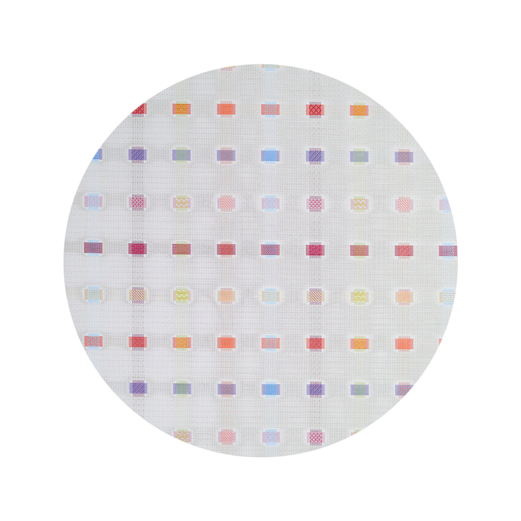 Round Woven Floor Mat in Light Neutral Base with Vivid Oranges, Pinks, Blues and Greens