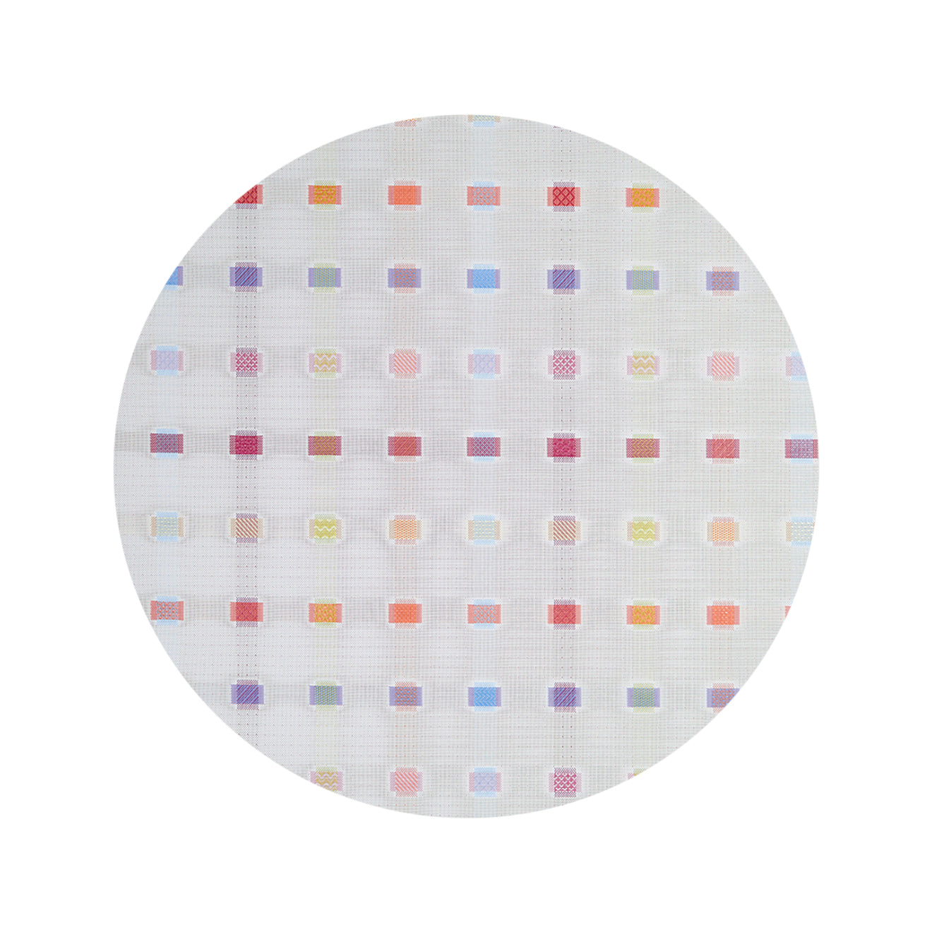Round Woven Floor Mat in Light Neutral Base with Vivid Oranges, Pinks, Blues and Greens