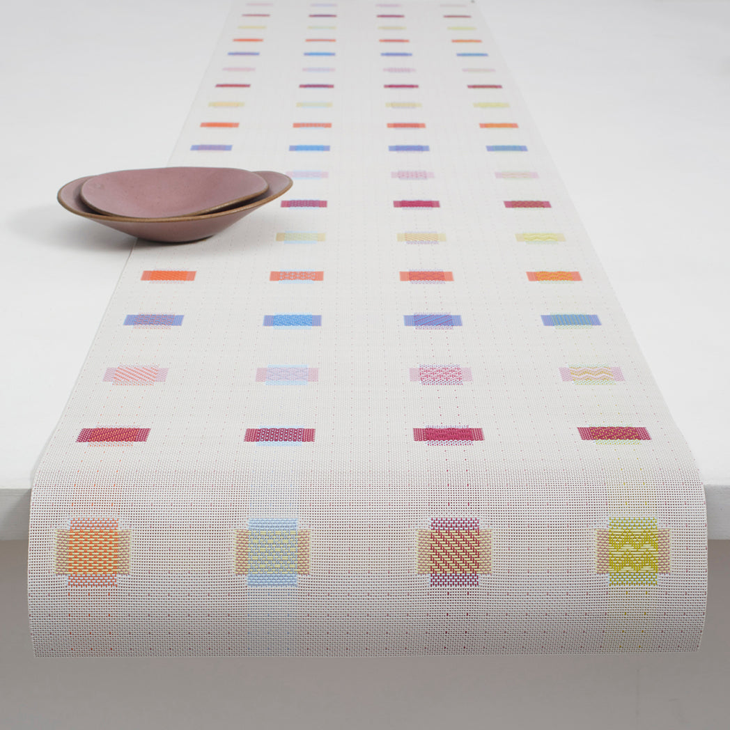 14'' x 72'' Table Runners in Light Neutral Base with Vivid Oranges, Pinks, Blues and Greens