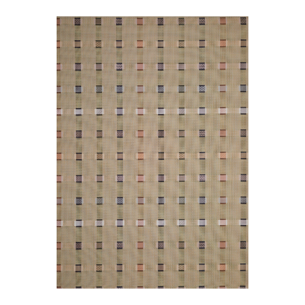 Wheat Woven Floor Mat in Midtone Warm Beige Base with Black, Dark Green, Light Pink, Golden Brown and White