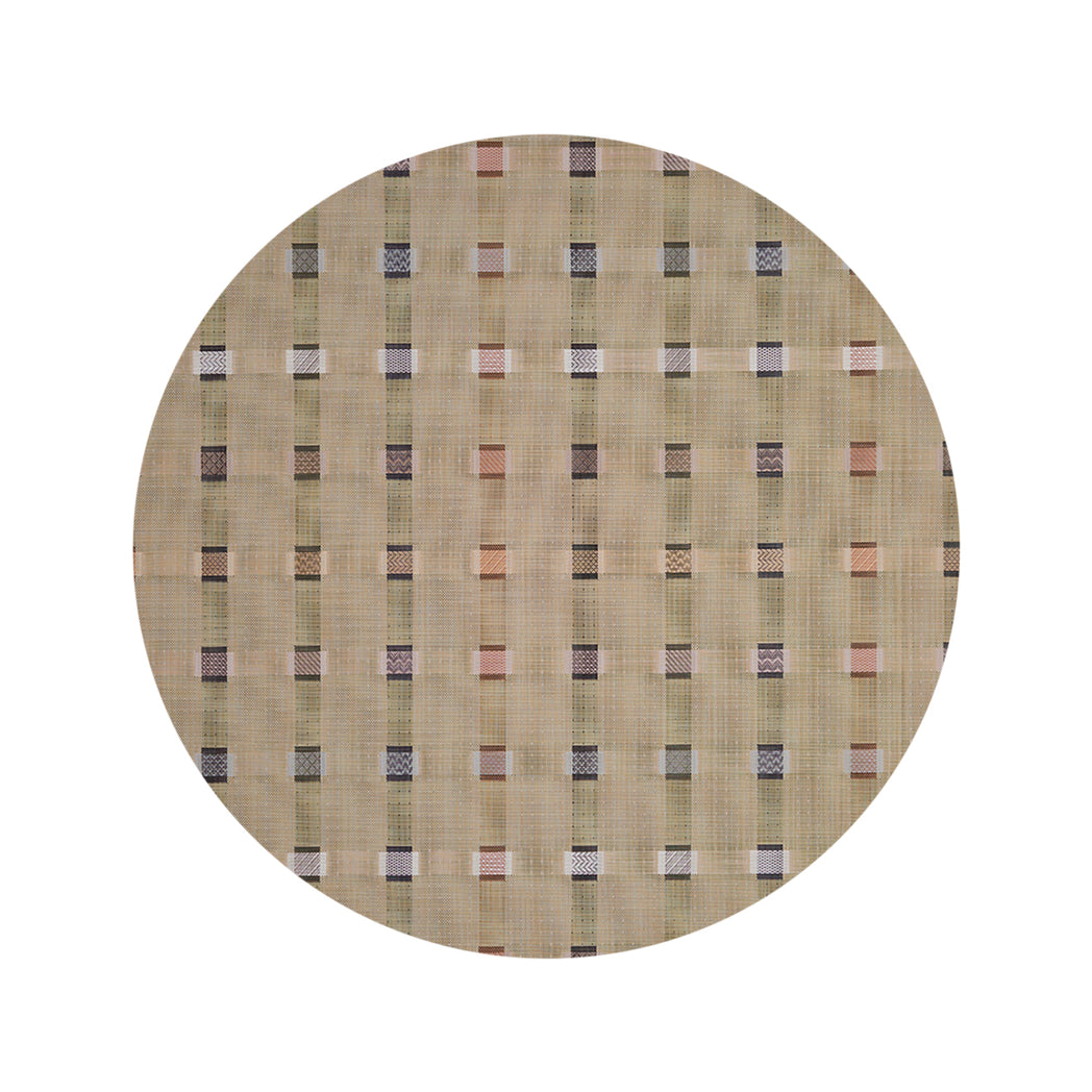 Round Woven Floor Mat in Midtone Warm Beige Base with Black, Dark Green, Light Pink, Golden Brown and White