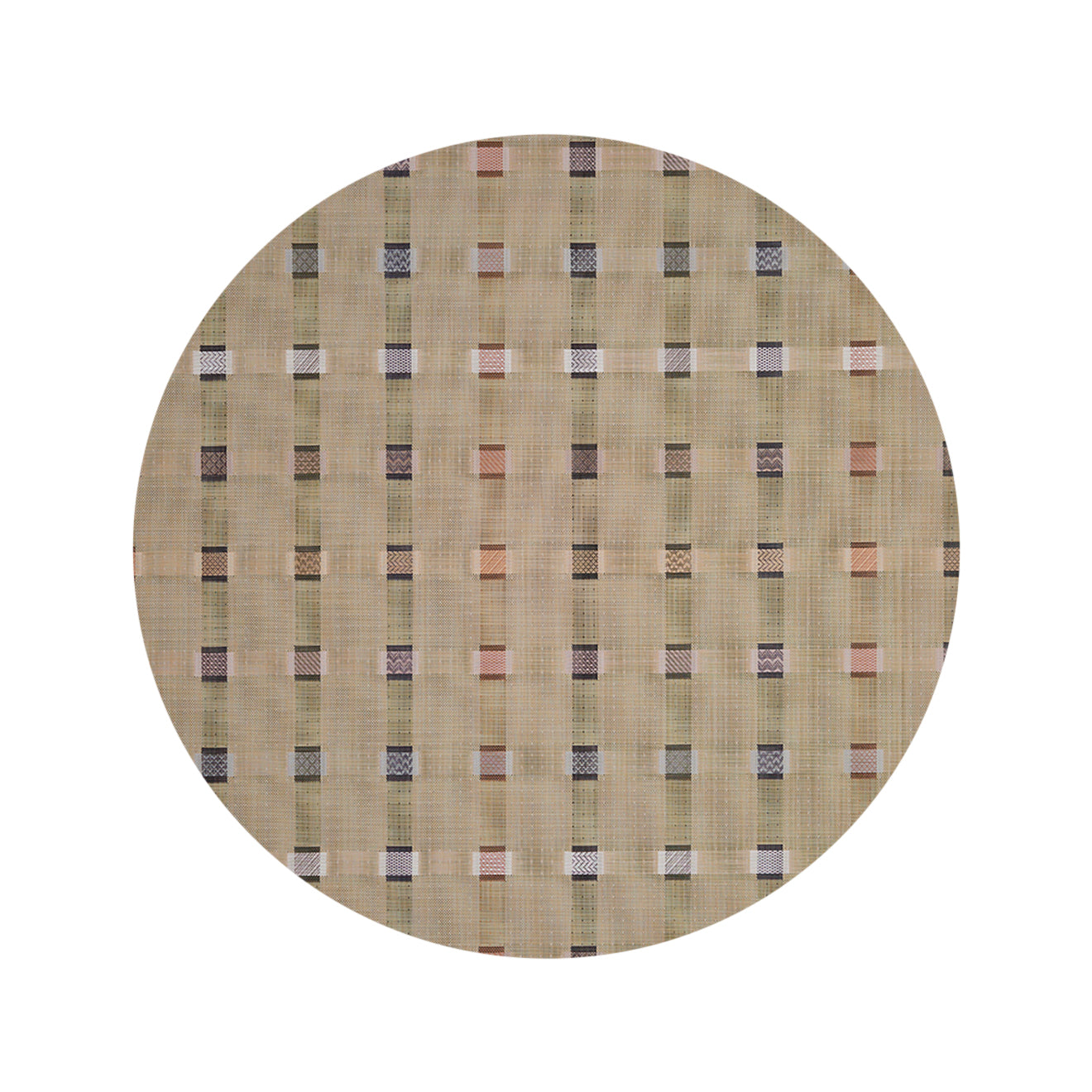 Round Woven Floor Mat in Midtone Warm Beige Base with Black, Dark Green, Light Pink, Golden Brown and White