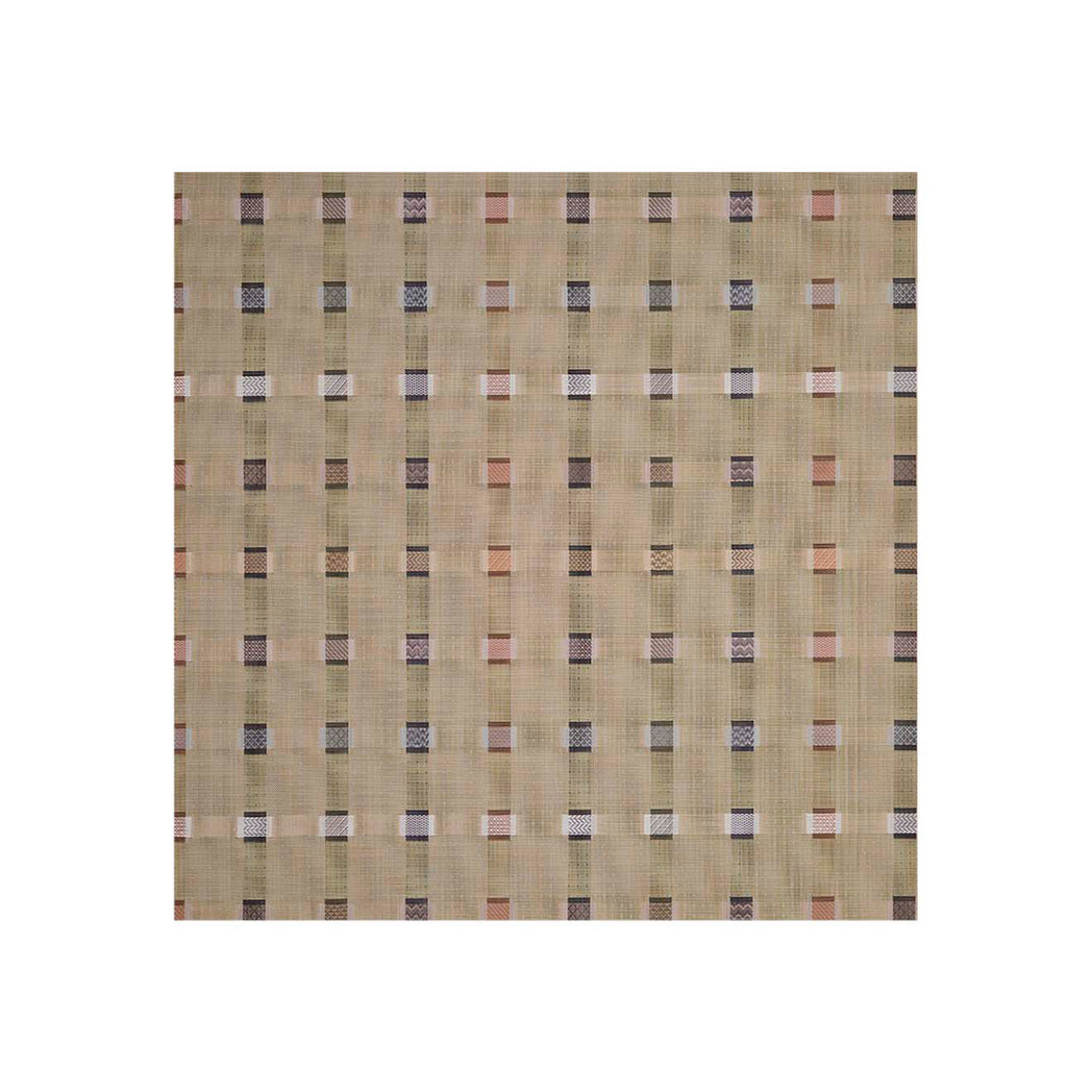 Square Woven Floor Mat in Midtone Warm Beige Base with Black, Dark Green, Light Pink, Golden Brown and White