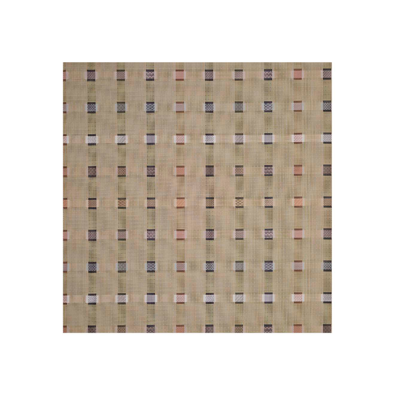 Square Woven Floor Mat in Midtone Warm Beige Base with Black, Dark Green, Light Pink, Golden Brown and White