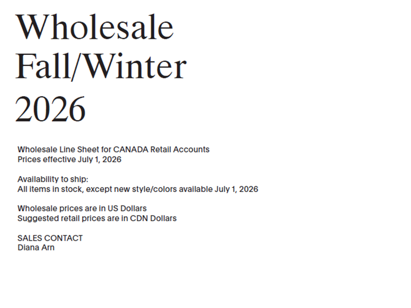 Fall/Winter 2026 Canada Line Sheet