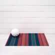 Chilewich striped woven mat with textured terrastrand yarn surface, featuring modern linear design and durable finish.