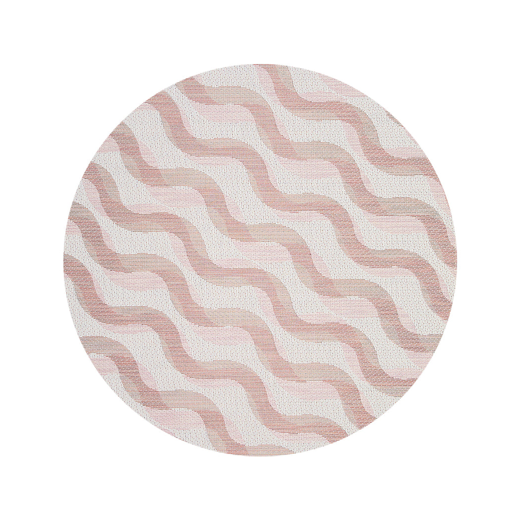 Round Woven Floor Mat in Light Neutral Beige Base with Muted Pink and Midtone Brown