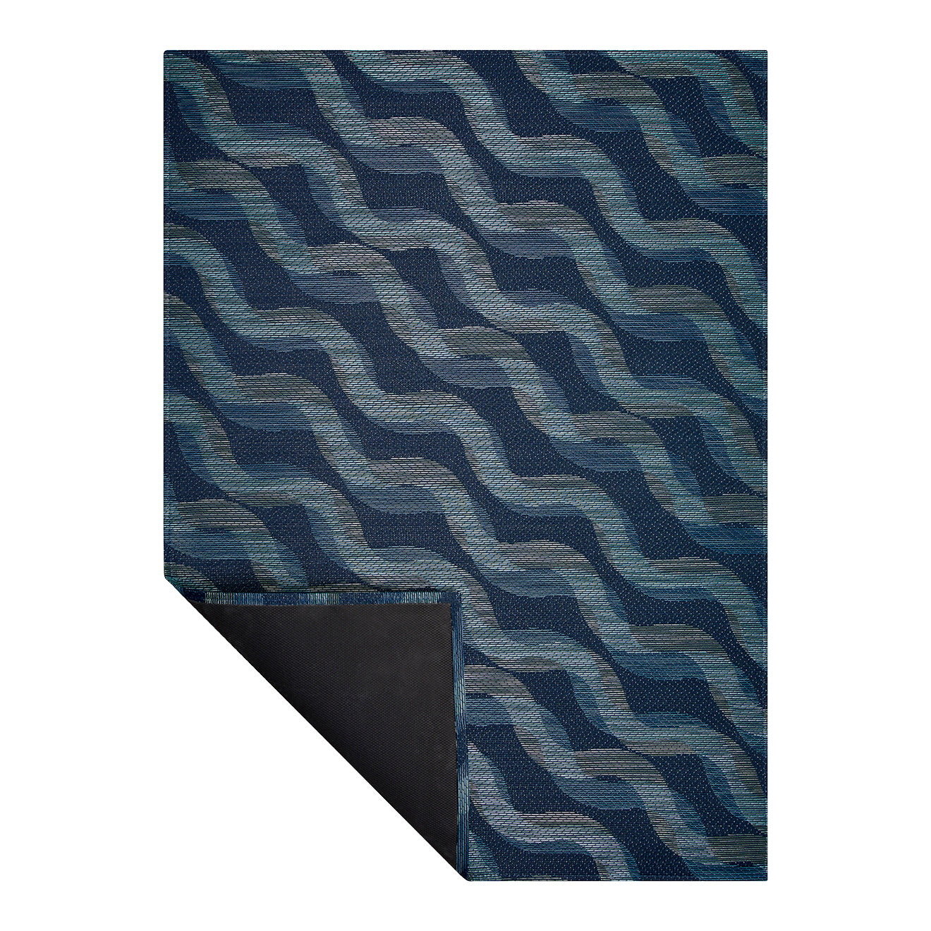 Ocean Woven Floor Mat Corner in Dark Navy Base with Muted Blue Green Tones