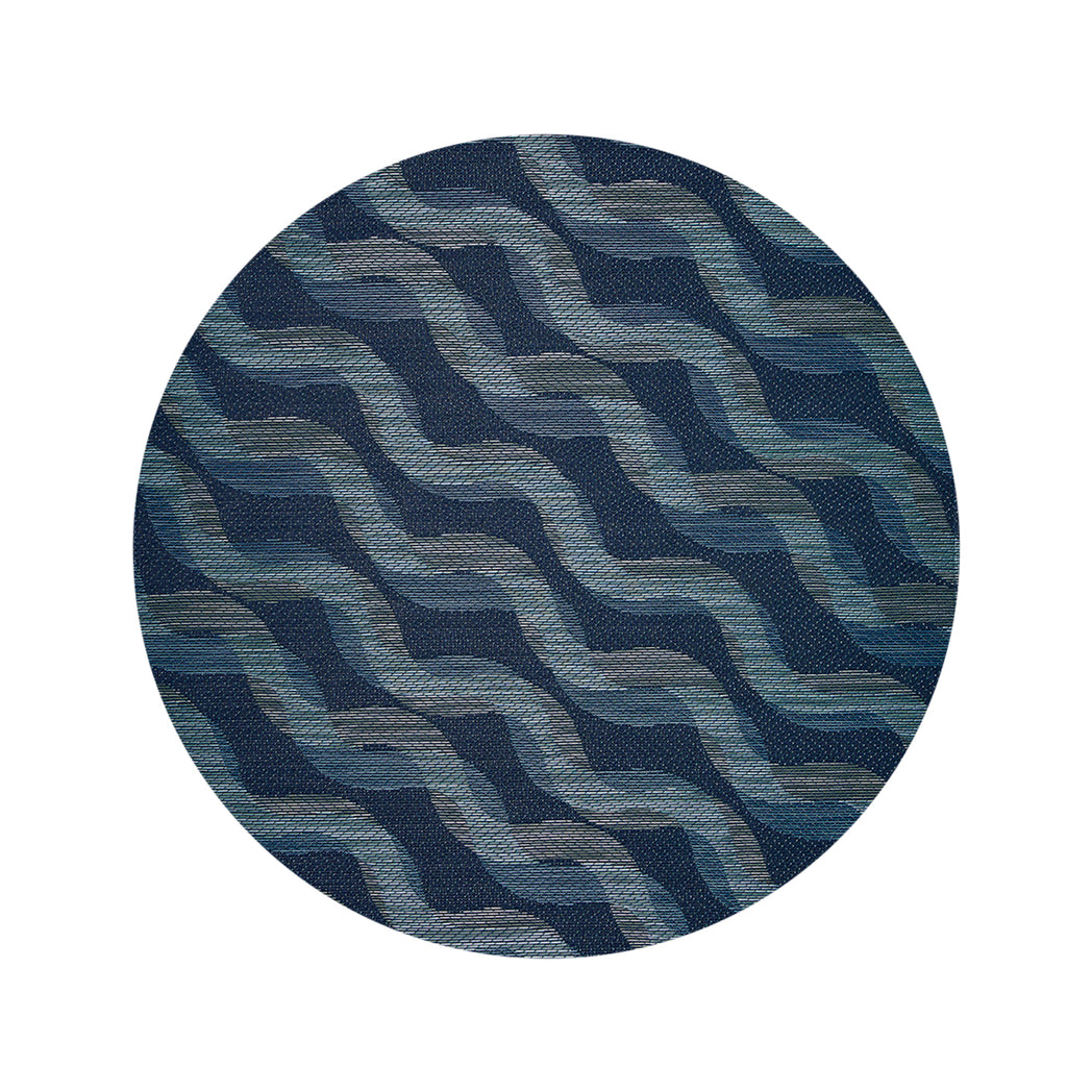 Round Woven Floor Mat in Dark Navy Base with Muted Blue Green Tones