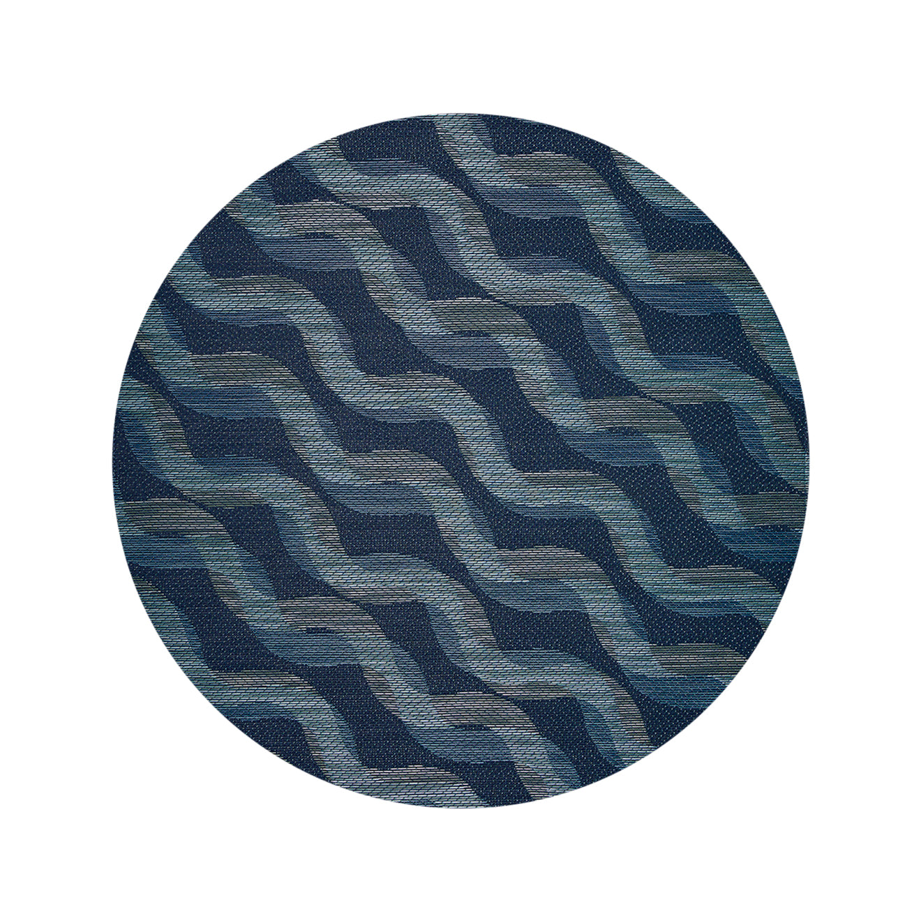 Round Woven Floor Mat in Dark Navy Base with Muted Blue Green Tones