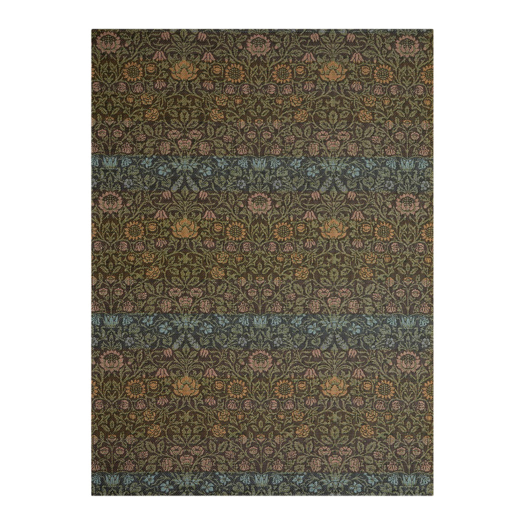Rectangle Woven Floor Mat in Dark Green , Almost Black Base with Warm Green, Warm Pink, Muted Light Blue and Muted Oragne Accents