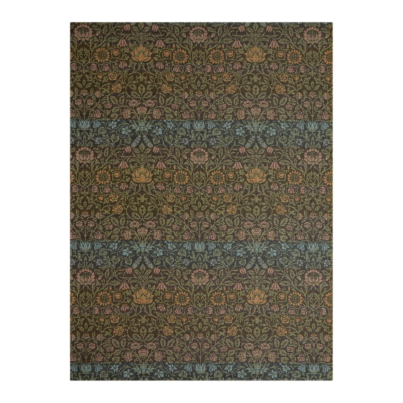 Rectangle Woven Floor Mat in Dark Green , Almost Black Base with Warm Green, Warm Pink, Muted Light Blue and Muted Oragne Accents